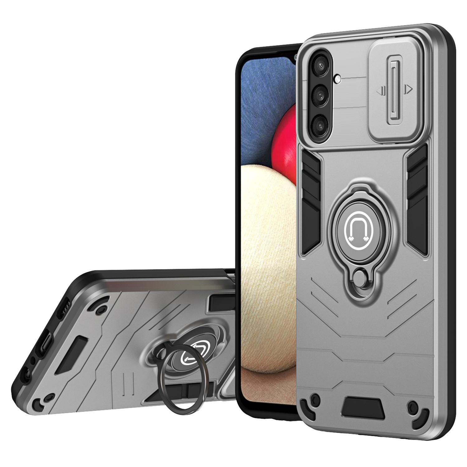 

For Samsung Galaxy S23 FE Case Slide Camera Lid PC+TPU Ring Kickstand Phone Cover Grey