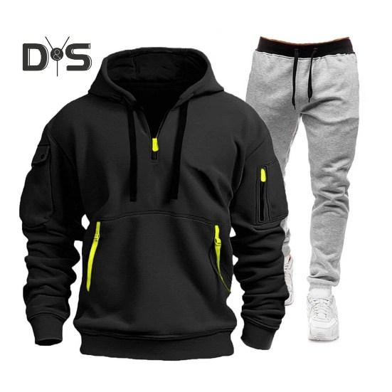 

2 шт./компл. мужской спортивный костюм с капюшоном, завязками на шнурке, длинными рукавами, карманами, толстовка с эластичной талией, брюки, комплект, спортивный костюм для фитнеса L чёрный