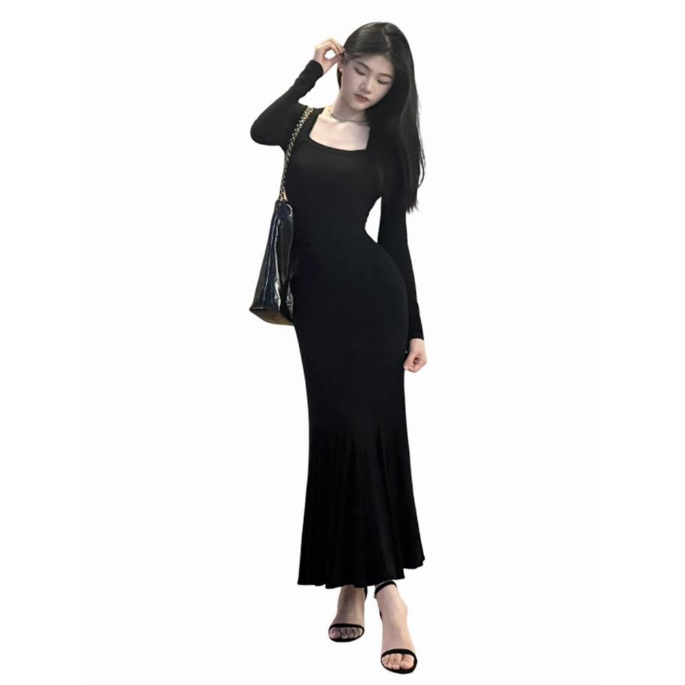 Tall slightly pulled sleeves, fishtail hip-wrapped dress, women's autumn temperament, advanced sense, slim step-by-step lotus super long dress