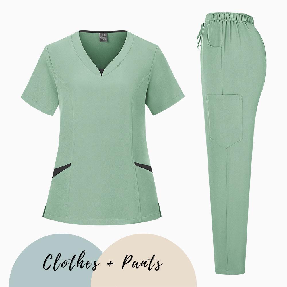Elastic V-Neck Short Sleeve Scrub Suit for Dental Clinic, Salon, or Nurse Uniform