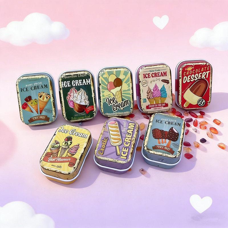 Retro Metal Storage Tin Box Ice Cream Pattern Sealed Lid Durable Small Organizer for Jewelry Rings Craft Small Parts