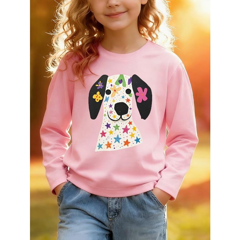 European sizes Kids Spring Autumn Casual Long Sleeve TShirt Cartoon Puppy Print Black Ears Colorful Flowers Stars Dots Skinfriendly Soft