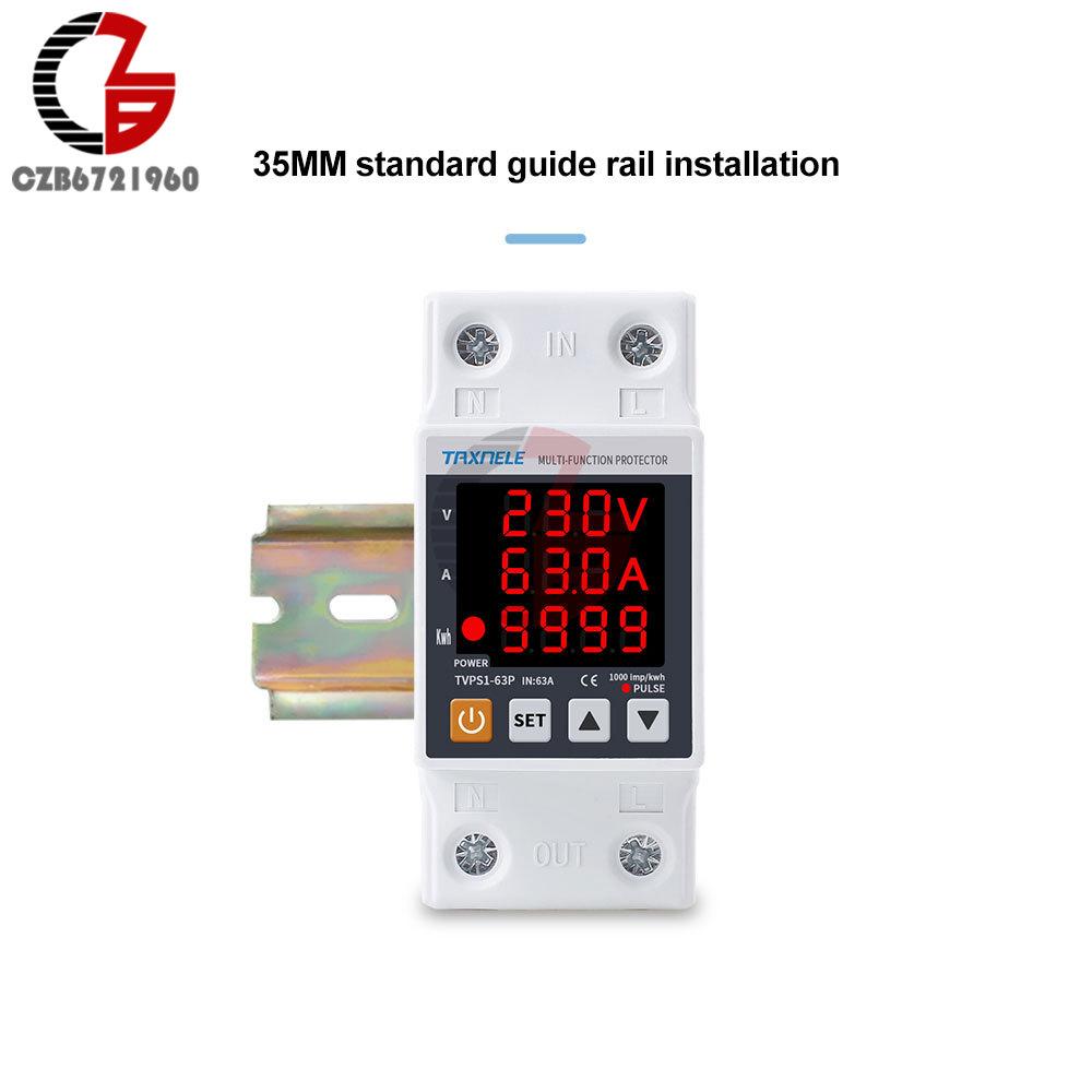 63A 230V 3 in 1 Display Din Rail Adjustable Over Under Voltage Surge Protector Relay Over Current Protect Kwh Power Watt Meter
