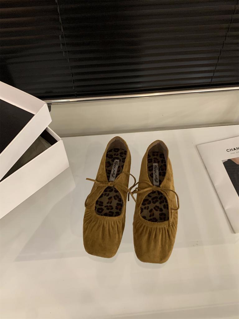 Flat-bottomed Pleated Skirt Mary Jane Single Shoes Women's Shoes 2025 Spring and Autumn Suede Lace-up Bow Evening Shoes