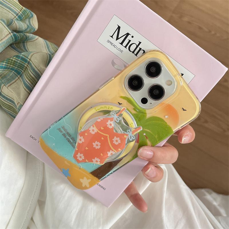 Summer Beach Coconut Tree Magnetic Phone Case For iPhone 16 Pro 15 13 14 Pro Max Cover with Stand Holder Cute Cases for Magsafe