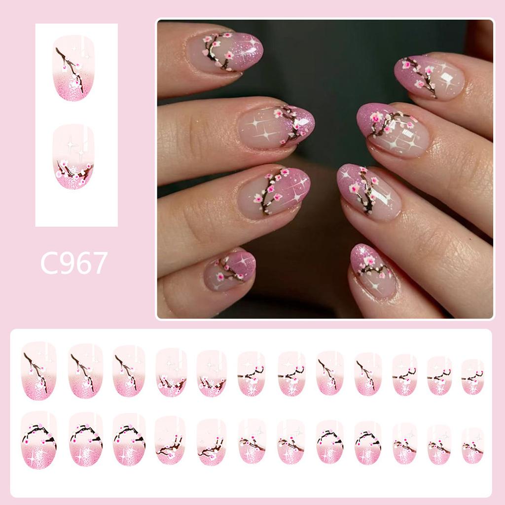 Flower Press On Nail Spring False Nail Short Oval Stick On Nail Glitters Acrylic Artificial Nail Manicure Nail Accesory