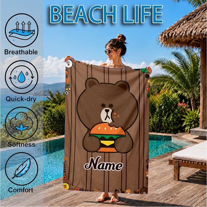 Custom Name Happy Valentine's Day Brown Bear Beach Towel Microfiber Beach Towel, Lightweight and Quick-Dry, for Summer Travel, Swimming Pool Gift