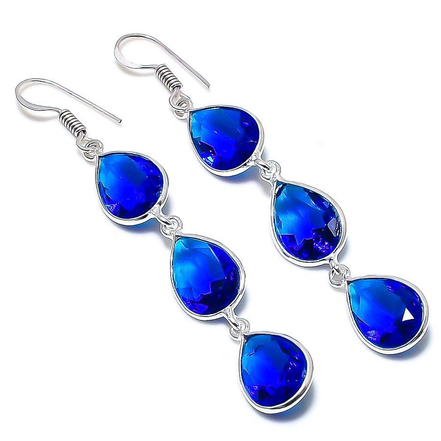 

Серьги ручной работы в этническом стиле с лондонским голубым топазом и драгоценным камнем, 2,84 дюйма, VR-2910