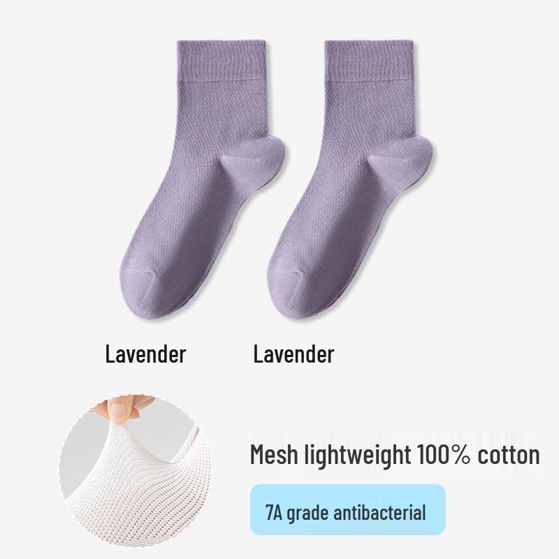 Women's Summer Cotton Mesh Mid-Calf Socks - Sweat-Absorbent, Odor-Resistant, Breathable, Non-Slip, Boneless, White.