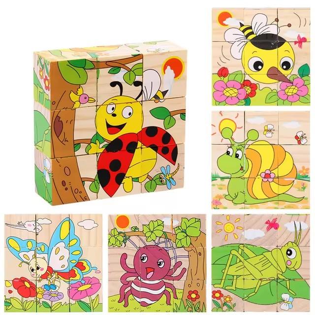 Wooden Six Sided 3D Cube Jigsaw Puzzles Children Kids Toys Animal Fruit Traffic Cognize Early Learning Educational Toys Fun Game