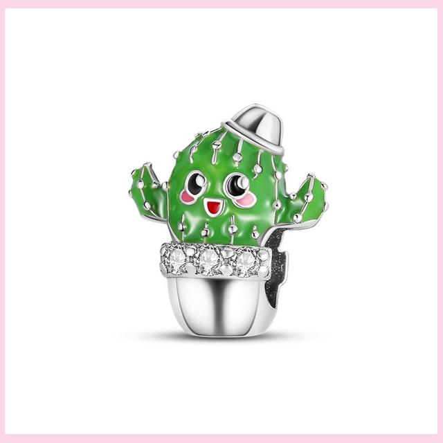925 Silver Green Color Charms Temperament Cactus Avocado Charm Four Leaf Bead For Bracelet Jewelry Making