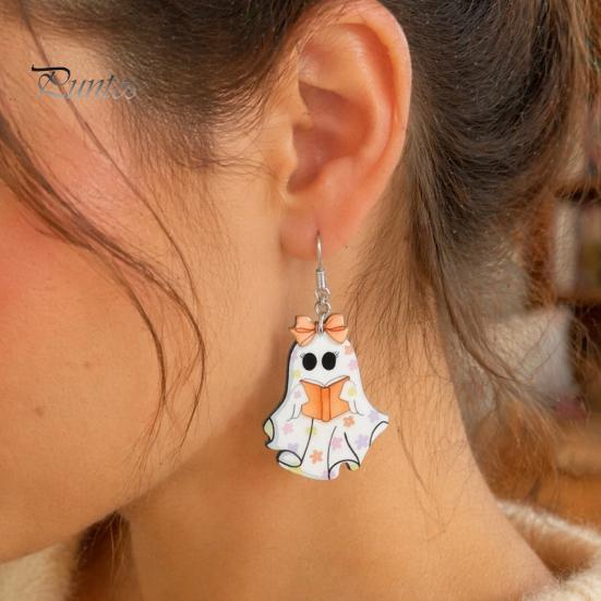 Cute Halloween Jewelry Reading Ghost Earrings, Sweet Bowknot Drop Lightweight Acrylic Earrings for Women Girls