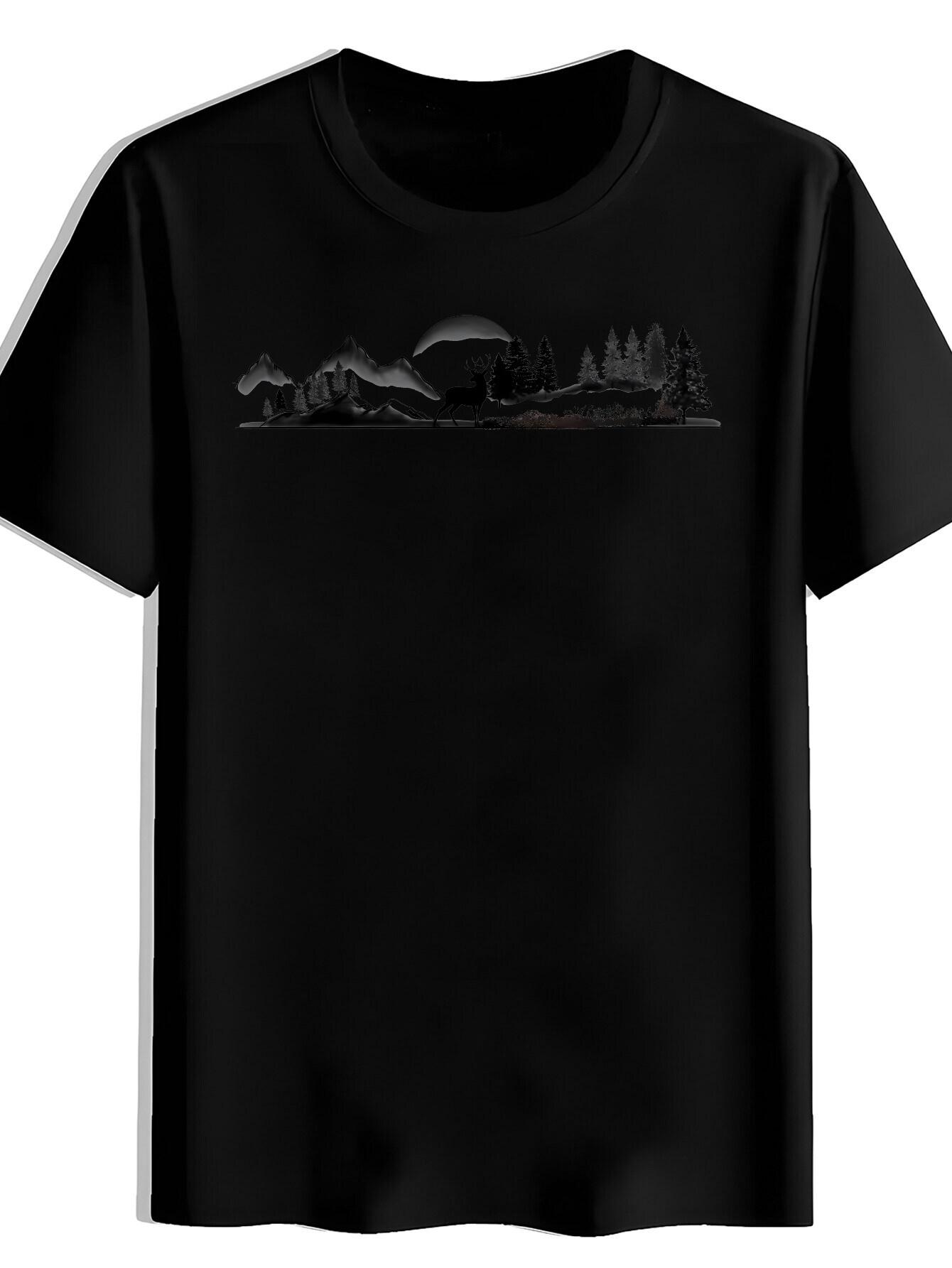 T-shirt Vintage Mountain Landscape Graphic - Casual Short Sleeve Tee with Forest & Mountain Print XXXL