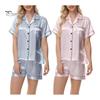 2 Pçs/Conjunto Mulheres Camisa Shorts Terno Plus Size Lapela Mangas Curtas Cetim Listrado Contraste Cor Top Cintura Elástica Calças Curtas Homewear Loungewear