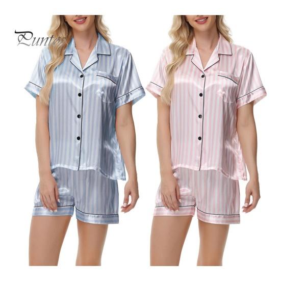 2 Pçs/Conjunto Mulheres Camisa Shorts Terno Plus Size Lapela Mangas Curtas Cetim Listrado Contraste Cor Top Cintura Elástica Calças Curtas Homewear Loungewear