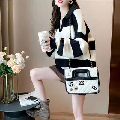 New Autumn and Winter Korean Version Loose Fitting Casual Super Oversized Lapel Stripe Long Sleeved Thickened Knit Sweater