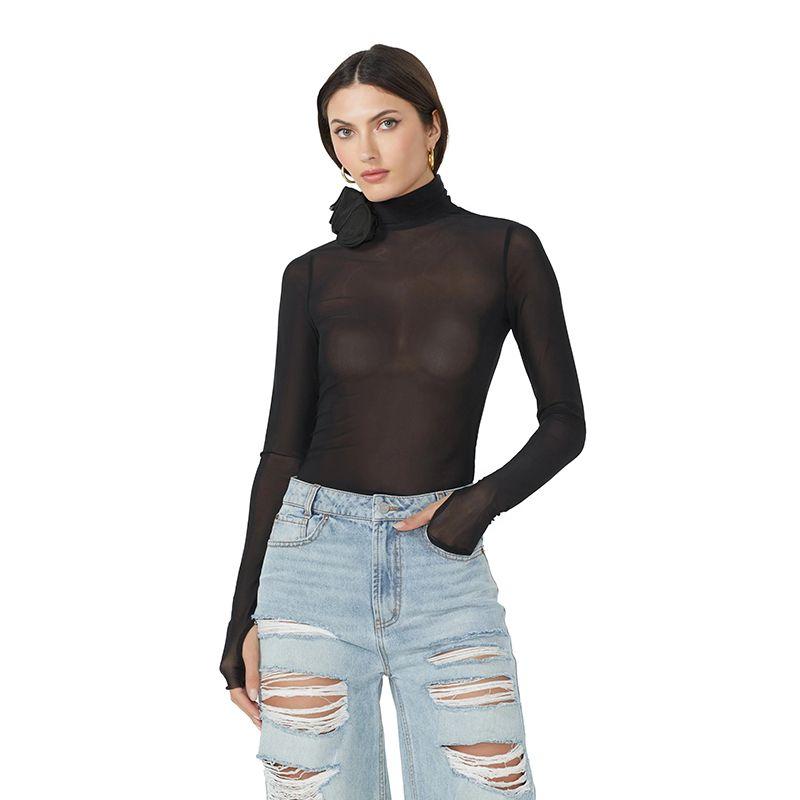 

Sexy Sexy Mesh Transparent High-Necked Jumpsuit Fashionable All-Match Stitching Three-Dimensional Flower Slim Bottoming Shirt Black S