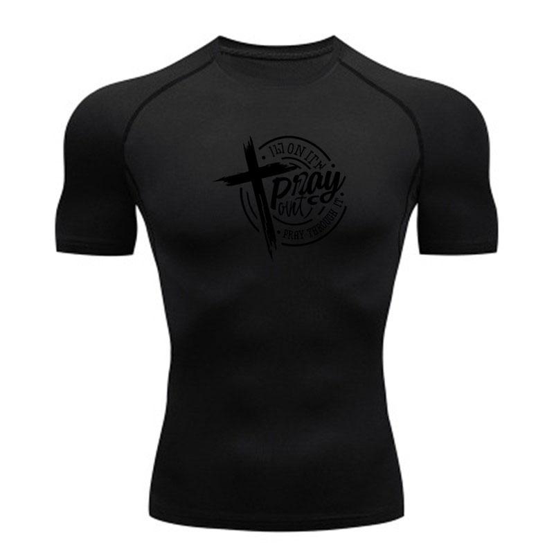 Men's Compression Workout Athletic T-Shirt, Breathable Quick Dry Active Tee with Christian Cross Pray Print for Gym Running Sports Casual Wear