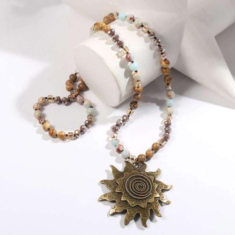 Vintage Bohemian Style Necklace Featuring 8mm Natural Stone and Glass Beads Unique Sun Pendant Neckchain for Women