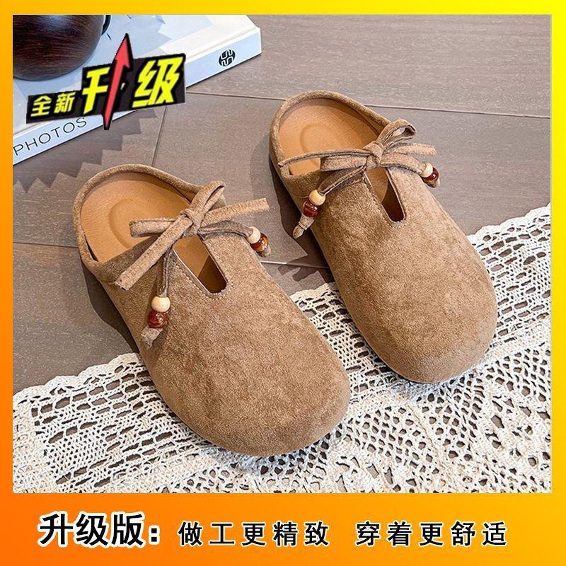 Bow soft bottom half slippers retro versatile flat bottom Boken bag head slippers women's 2025 spring and autumn new models