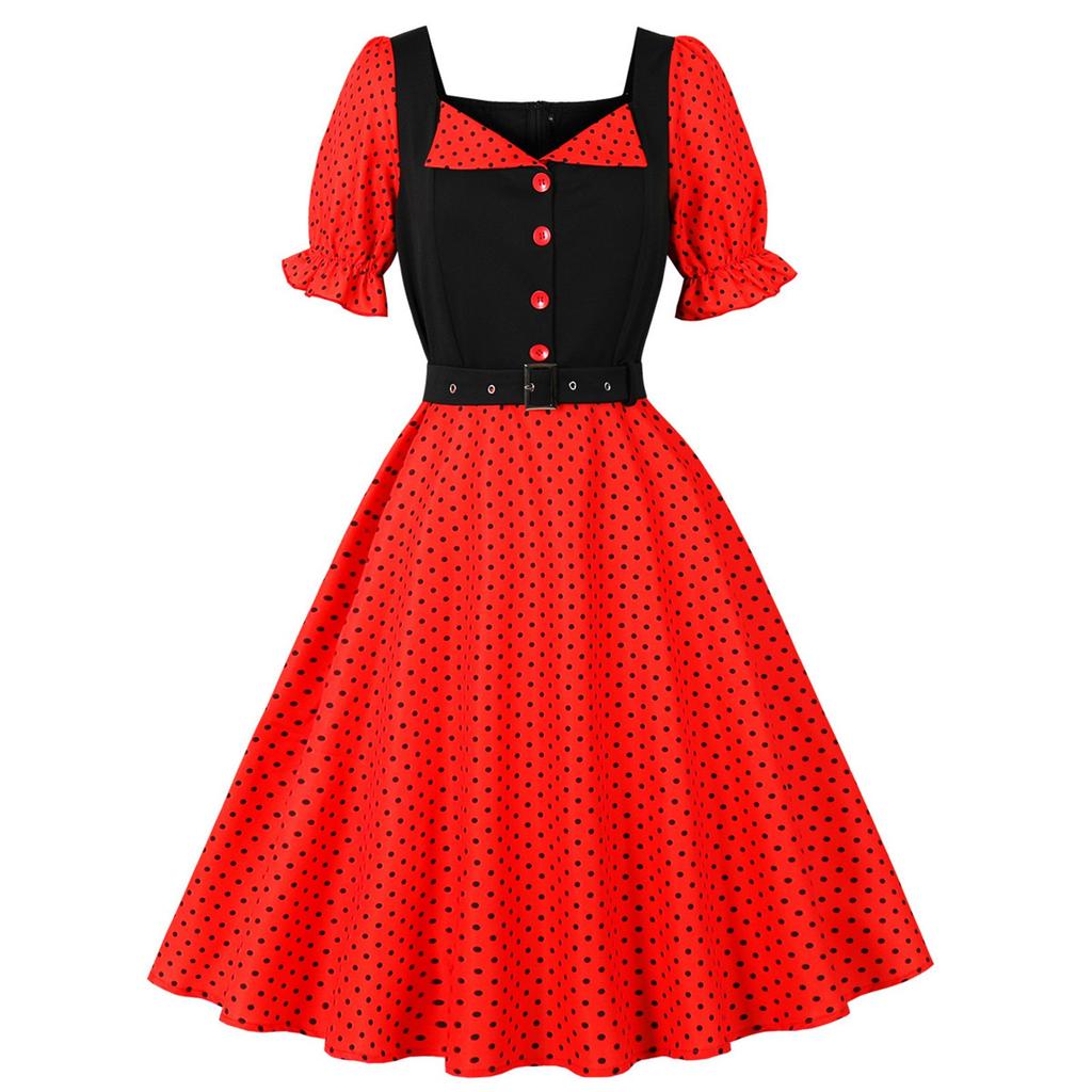 Women's  Literary Retro Suit Collar Polka Dot Short Sleeve Dress With Big Swing Skirt