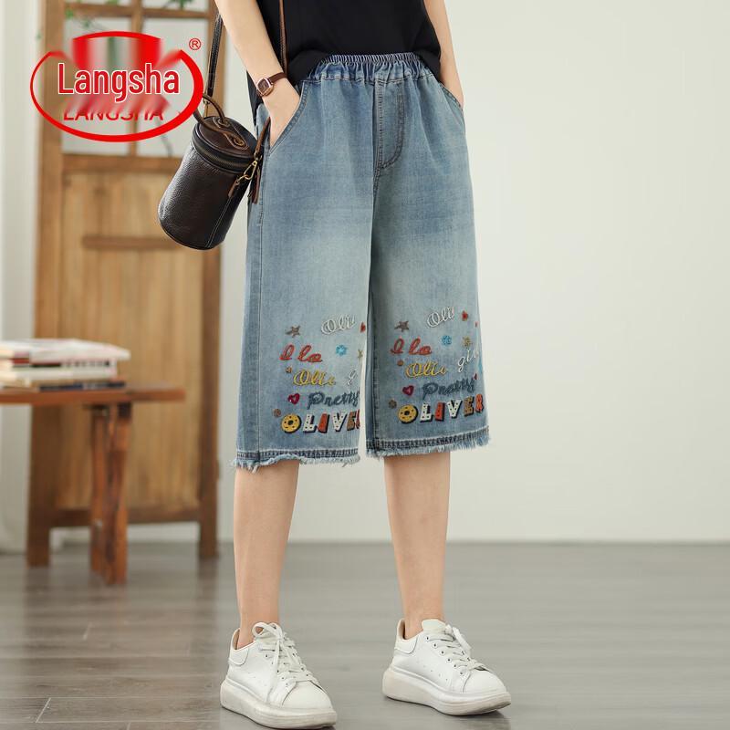 LangSha Women s Chinese Embroidered High-Waist Denim Capri Pants XL синий