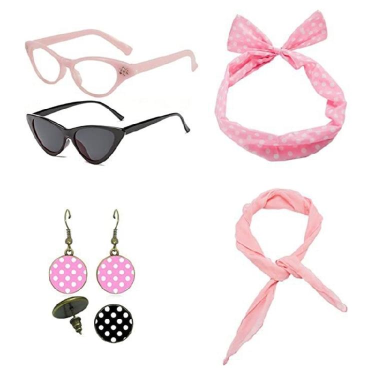 Woman Polkas Dot Earrings Scarf Headband Cats Eye Glasses 50's Costume Accessories Set for Party