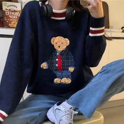 Harajuku Karikatür Ayı Nakışlı Örme Kazak Sonbahar Kış Kadın Büyük Boy Kazak Rahat Kalın Sıcak Tatlı Kawaii Kazaklar