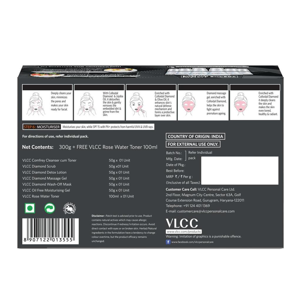 VLCC Diamond Facial Kit 300g + Rose Water Toner 100ml At-Home Skin Purifying Facial Pack