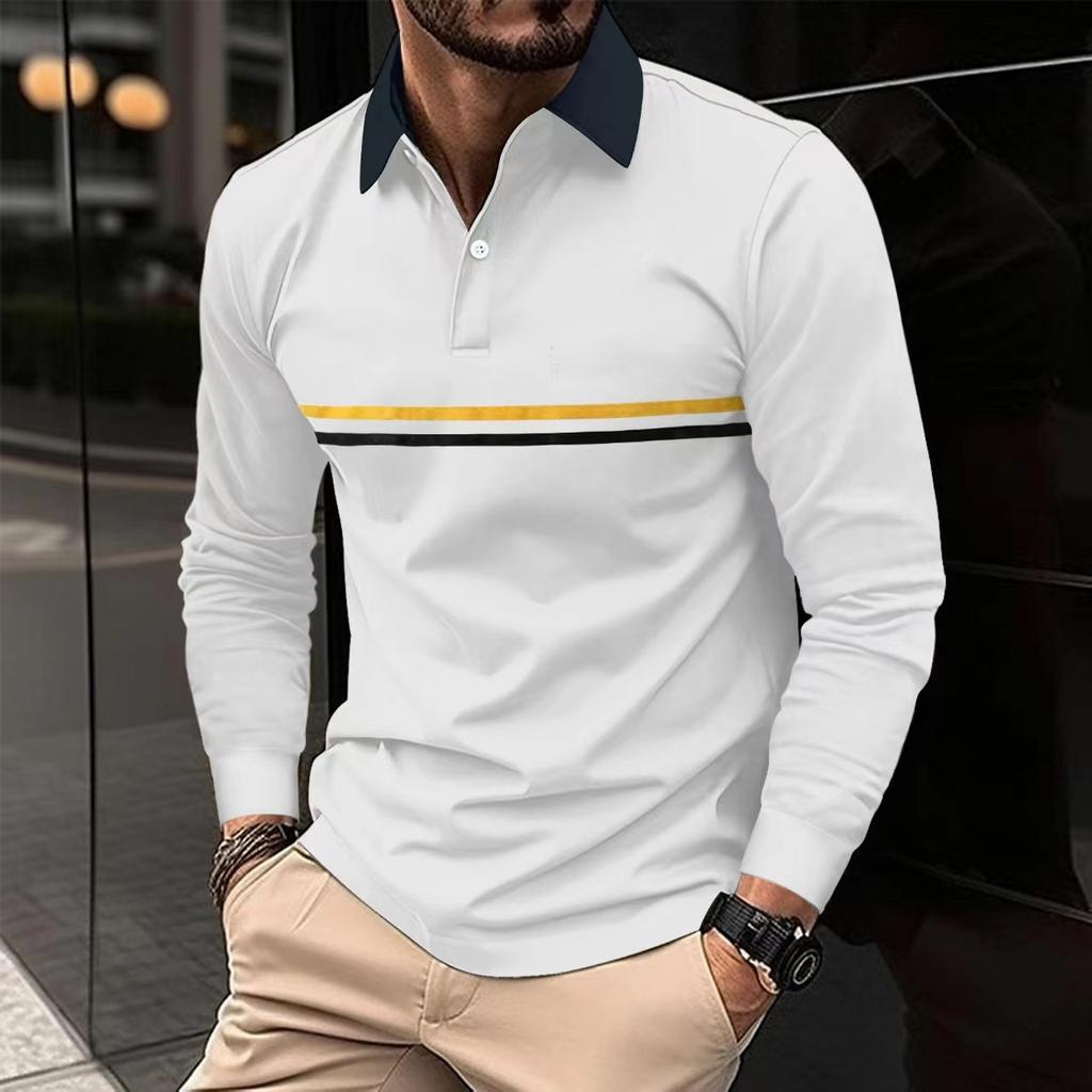 Autumn men's casual solid color POLO shirt with lapel button and men's long sleeved striped POLO shirt