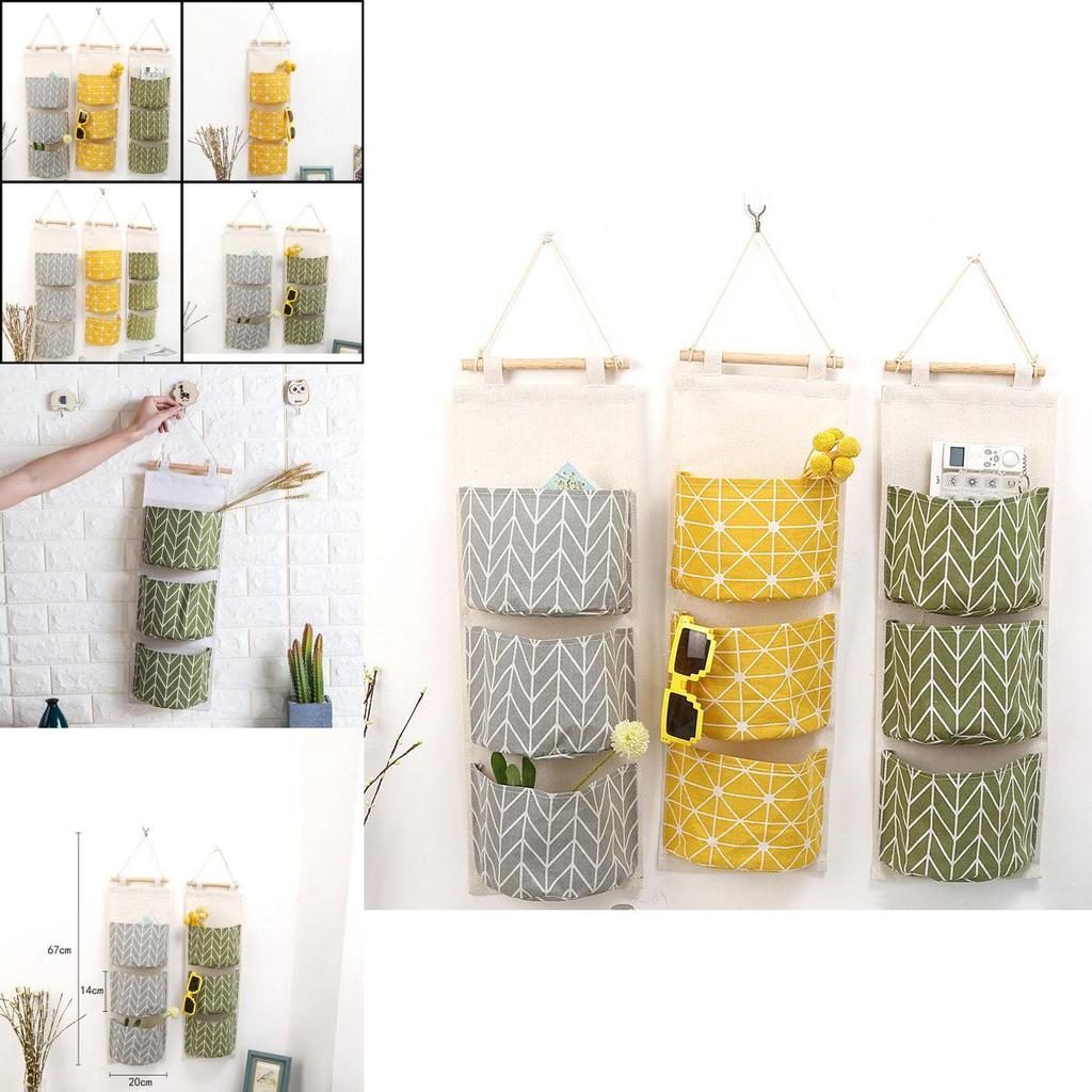 Elegant Space-saving Hanging Storage Bag With Durable Cotton Linen And 3 Pockets For Sundries