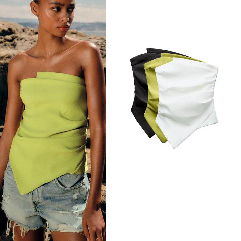 Spring New Arrival Fashion Silm Asymmetric Collar off-Shoulder Design Ruched Decoration Tube Top Tops 0085800