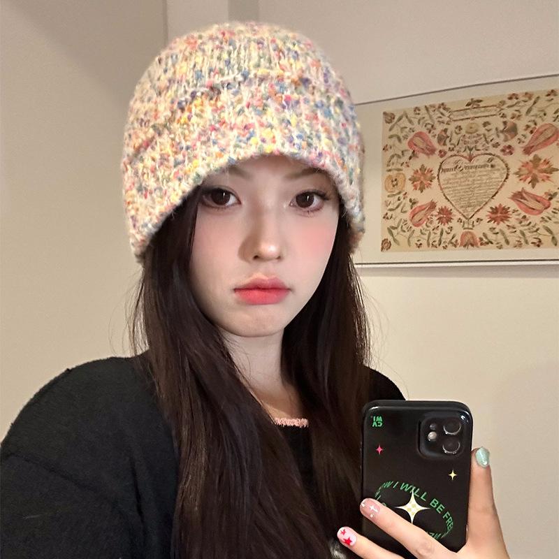 Sweet and Cute Rainbow Woolen Hat for Women Autumn and Winter Warm Ear Protection Big Head Hat Knitted Hat Fisherman Bucket Hat