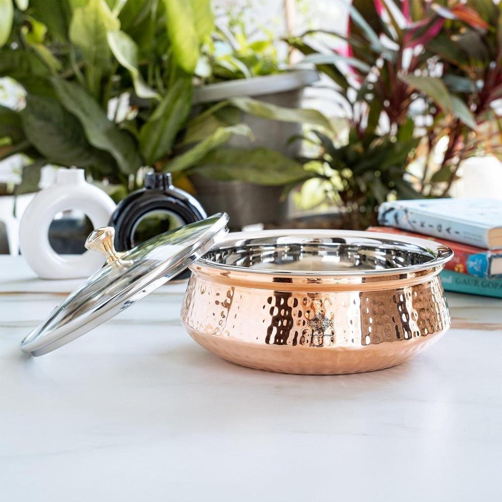 Steel Copper Serving Handi with Glass Lid, Serving Dishes Chicken Briyani Vegetables Home Hotel Restaurant Tableware, Volume - 800 ML (Pack of 1)