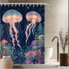 Cortina de Chuveiro Água-viva Brilhante – Arte Oceânica com Recife de Coral Colorido, Fundo Azul Profundo, Vários Tamanhos Disponíveis
