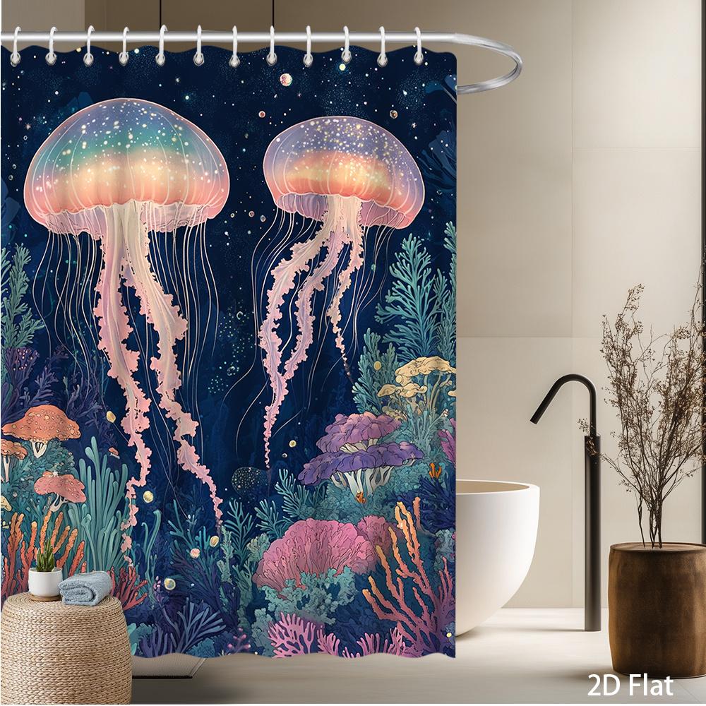 

Glowing Jellyfish Shower Curtain – Ocean Art with Colorful Coral Reef, Deep Blue Sea Background, Multiple Sizes Available 90x180cm35x71in