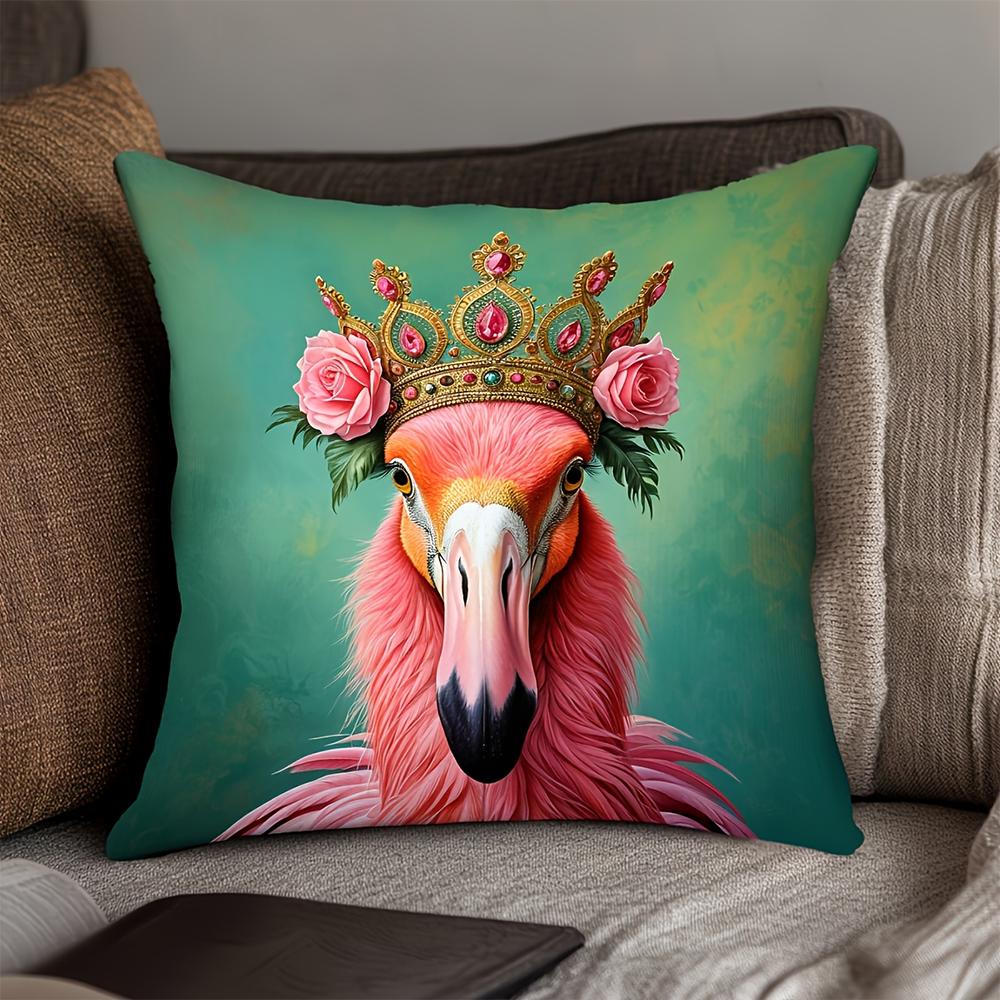 2D Flat-Royal Pink Flamingo Crown Rose Throw Pillow Cover Vintage Teal Luxury Decorative Cushion Case For Home Bedroom
