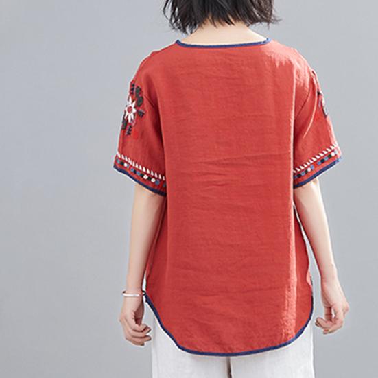 T-shirt Embroidered Loose National Style Ladies Short Sleeve Oversize Blouse