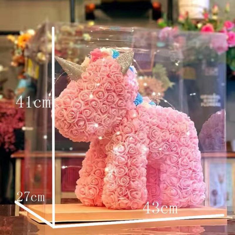 Qixi Unicorn Rose Preserved Flower & Teddy Bear Gift Set for Girlfriend or Kids
