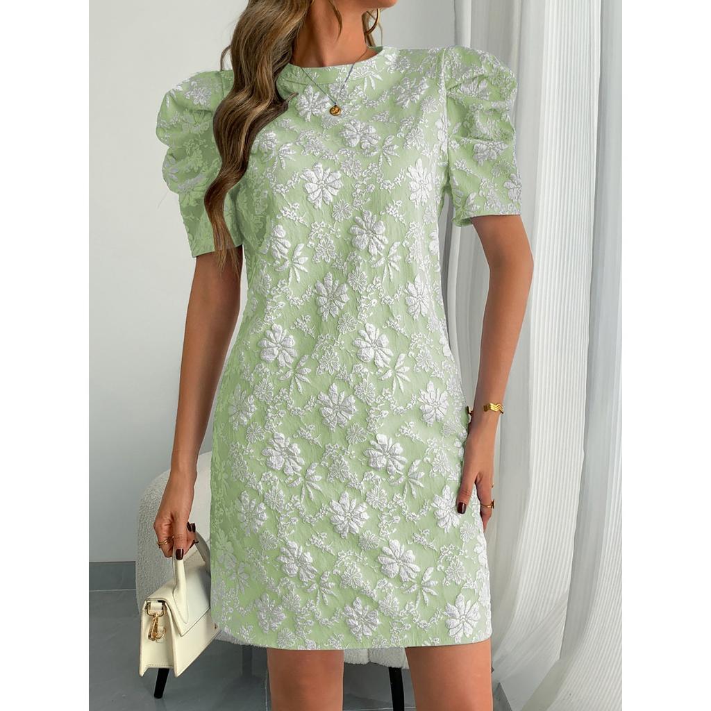 Summer New Women's Bubble Sleeve,Textured Jacquard Round Neck Vintage Style Dresses