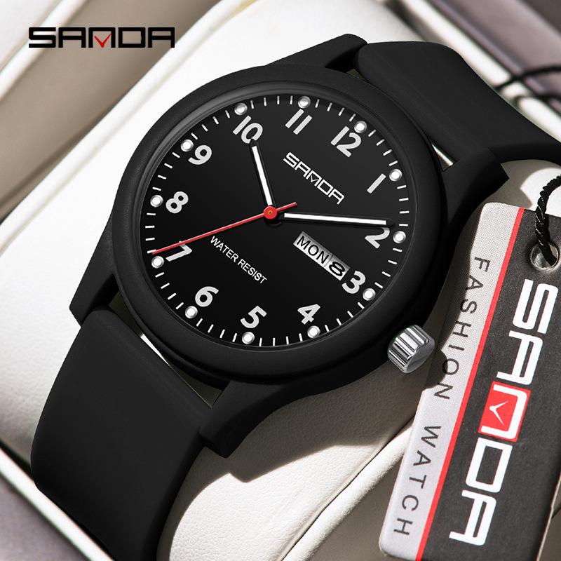 Sanda Unisex Quartz Exam Watch - Korean Style, Simple, Double Calendar, Waterproof