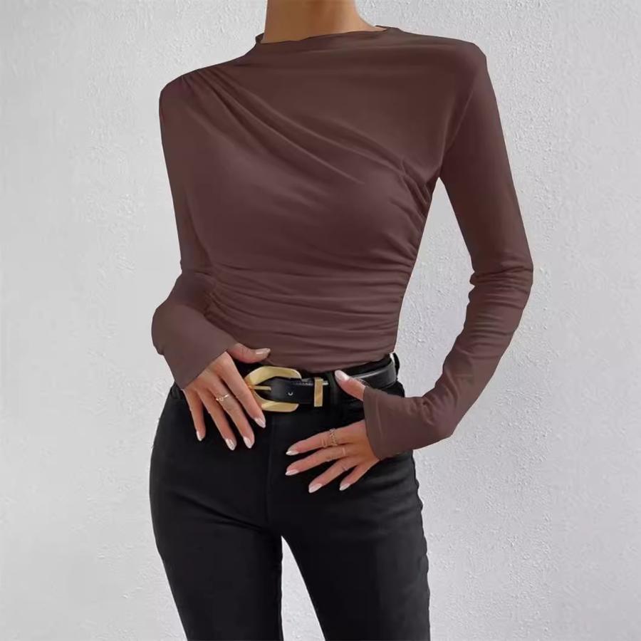 Summer Solid Color Crew Neck Slim Fit Cami Top with Pleated Design Women's Long Sleeve Shirt
