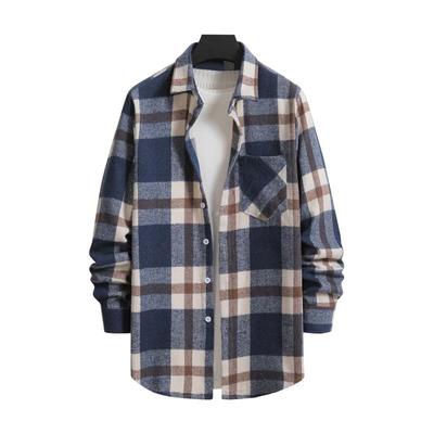 Spring and Autumn Men's Plus Size Men's Outerwear Casual Fashion Thick Brushed Shirt Plaid Long Sleeved Outerwear