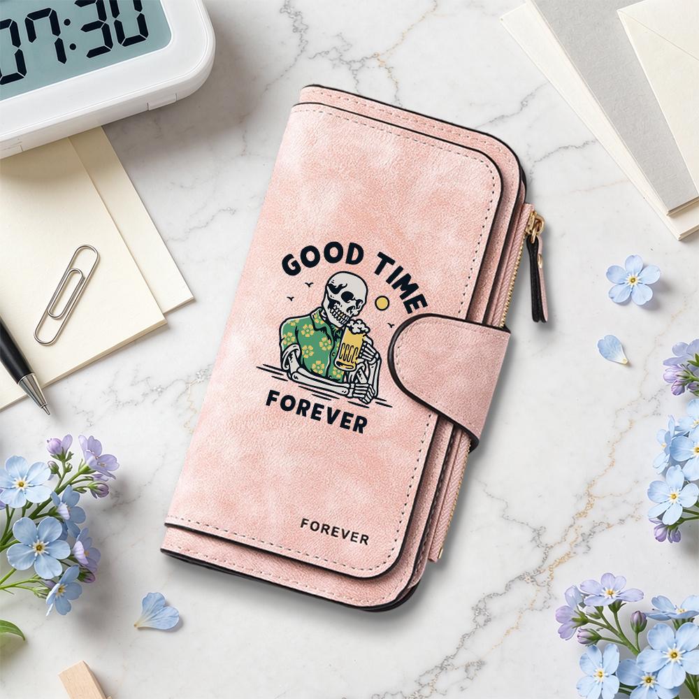 Good Time Forever Skull Printed Long Wallet Large Capacity Card Holder Vintage Purse for Daily Use