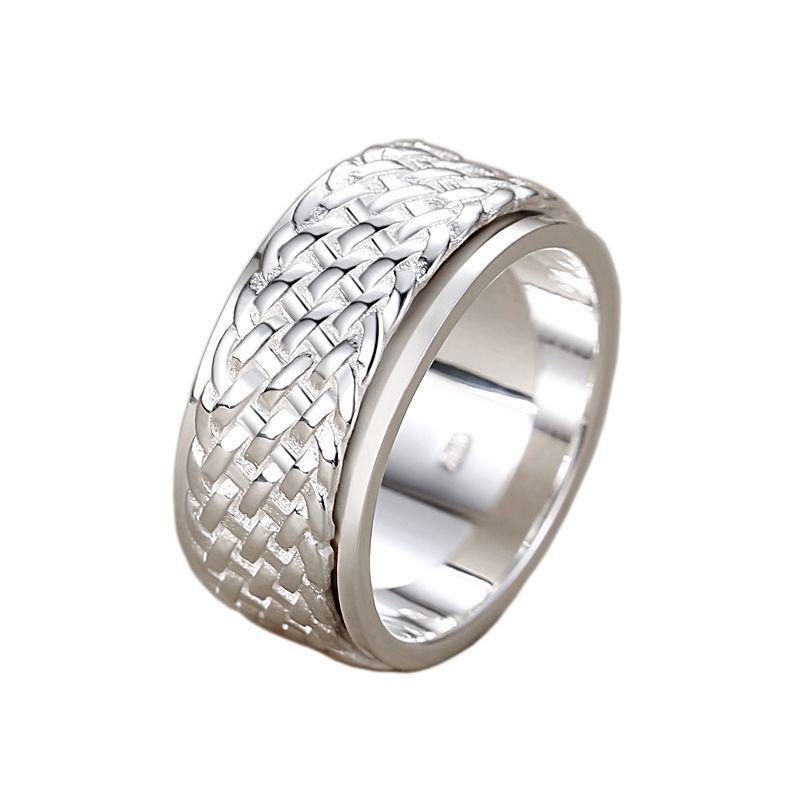 99 Sterling Silver Woven Men's Rotating Index Ring - Large Size, Ethnic Style, Personalized Trendy Design