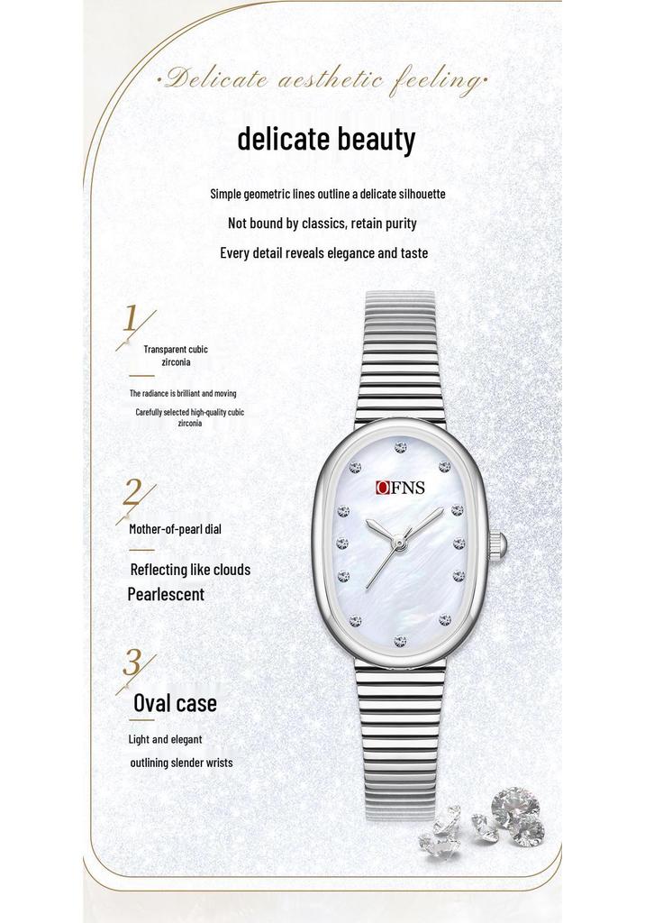 OFNS Luxury Women's Watch: Mother-of-Pearl Dial, Quartz, Diamond Accents, Waterproof, Elegant Office Accessory.