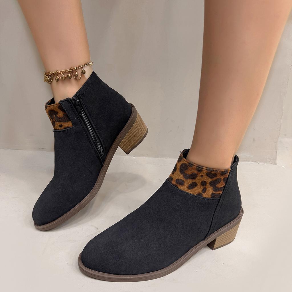 Autumn Women Leopard Print Suede Ankle Boots Fashion Round Toe Women Sexy Leopard Print Slip-on Warm Ankle Boots Botas Mujer