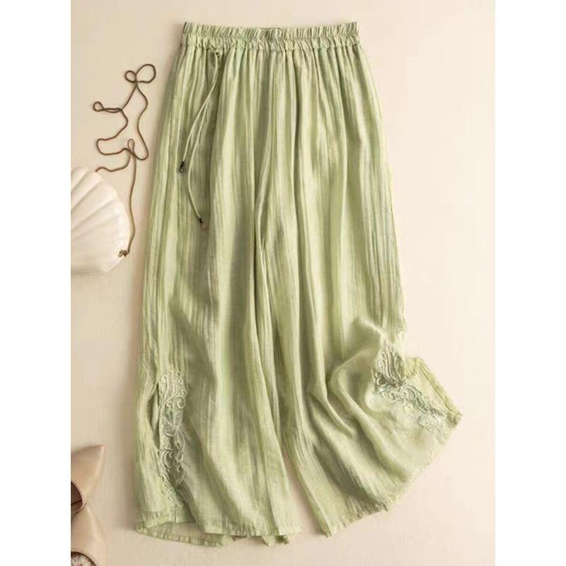 Leak-Picking ~ Counter Tail Linen Cropped Casual Pants Women's Artistic Embroidered High Waist Lightweight Summer Cotton and Linen Wide-Leg Pants