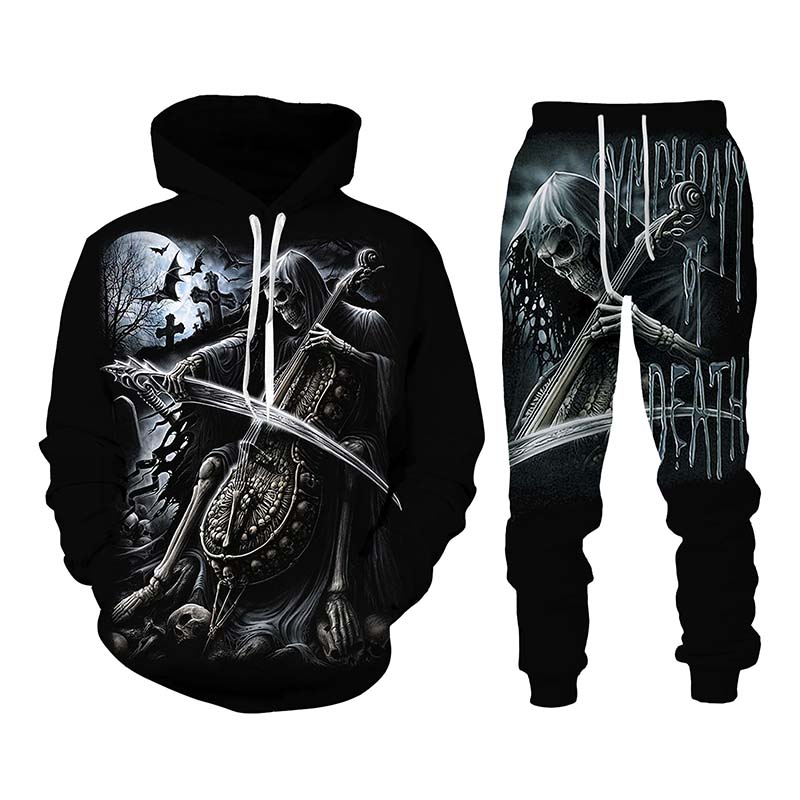 Vintage Gothic Skull Pattern 3D Print Men Tracksuit Sets Casual Hoodie+Pants 2pcs Sets Oversized Sweatshirt Trend Men Clothing