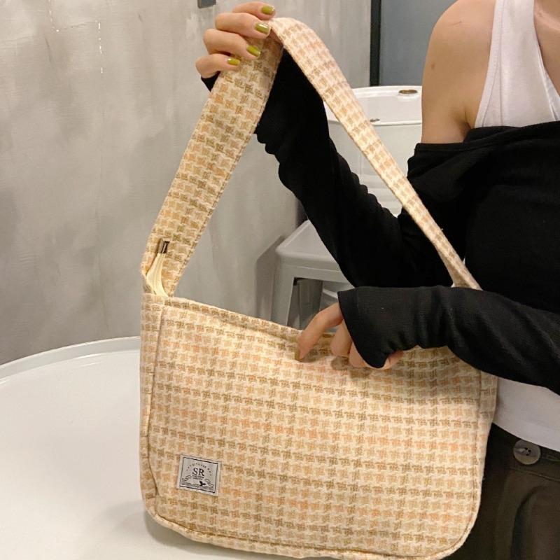 0 Niche Woolen Navy Blue Grid Shoulder Bag Bag Versatile Underarm Bag Large Capacity Satchel Small Square Bag